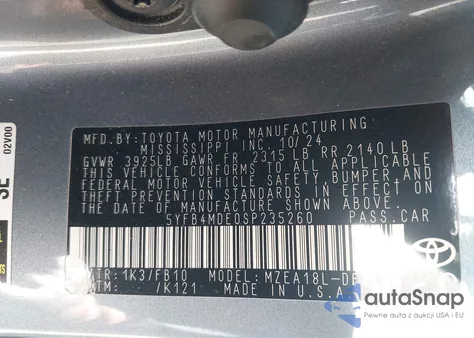 2025 Toyota Corolla Le z USA, uszkodzony, nr VIN 5YFB4MDE0SP235260